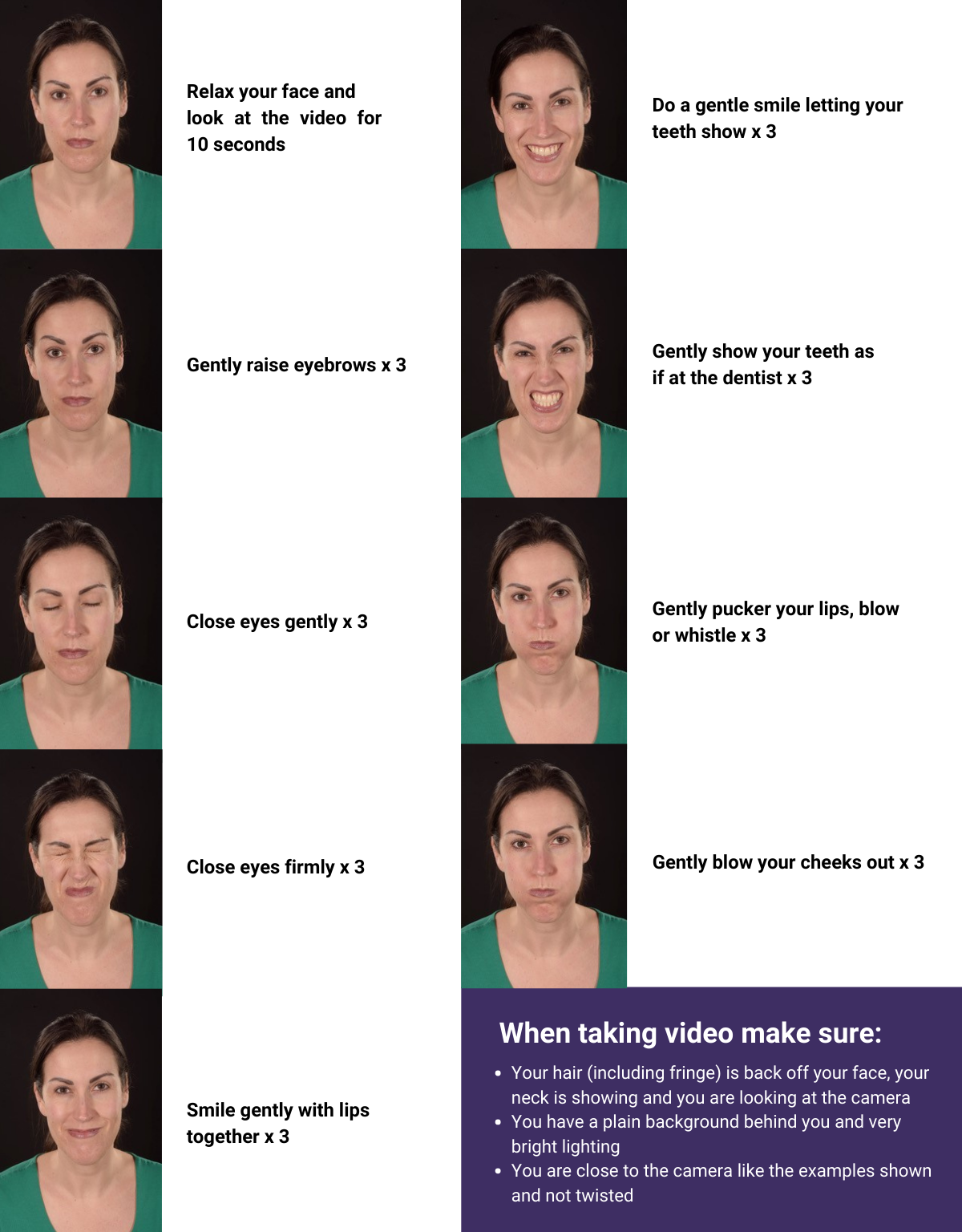 Image showing different facial expressions to make and record on video before an appointment for Botox